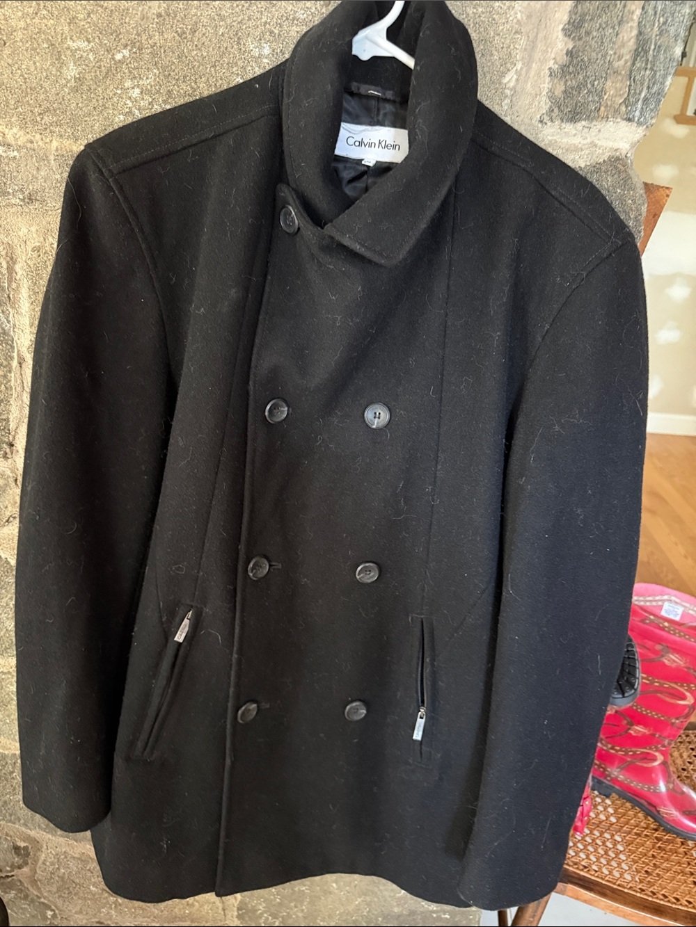 Calvin Klein Black Double-Breasted Wool Pea Coat